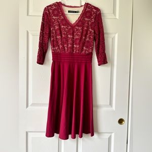 Maroon/Burgundy Red 3/4 sleeve knee-length dress w/ lace floral top and sleeves.